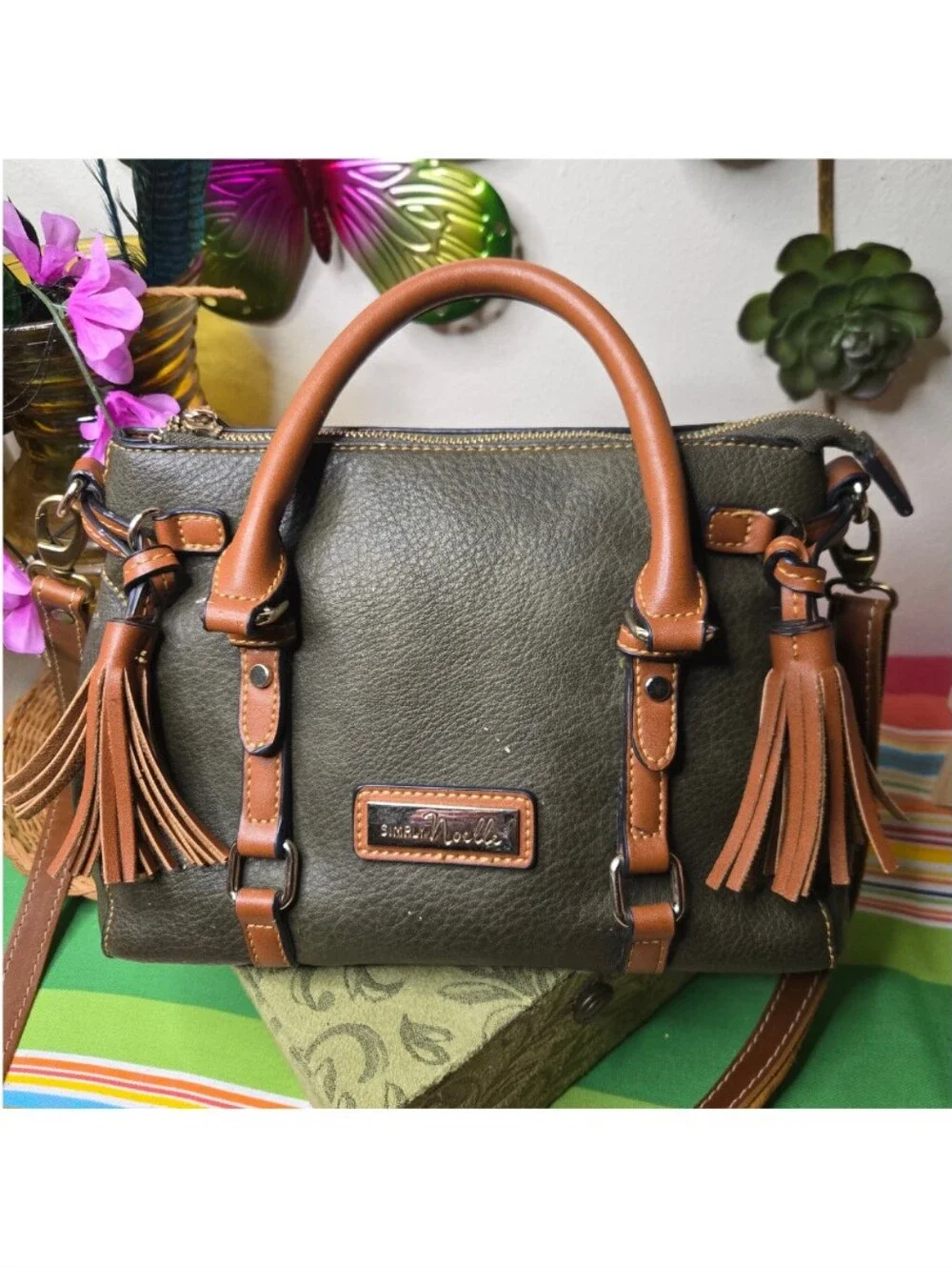 Simply Noelle Satchel Purse Green Vegan Leather Crossbody Handbag Tassels Boho